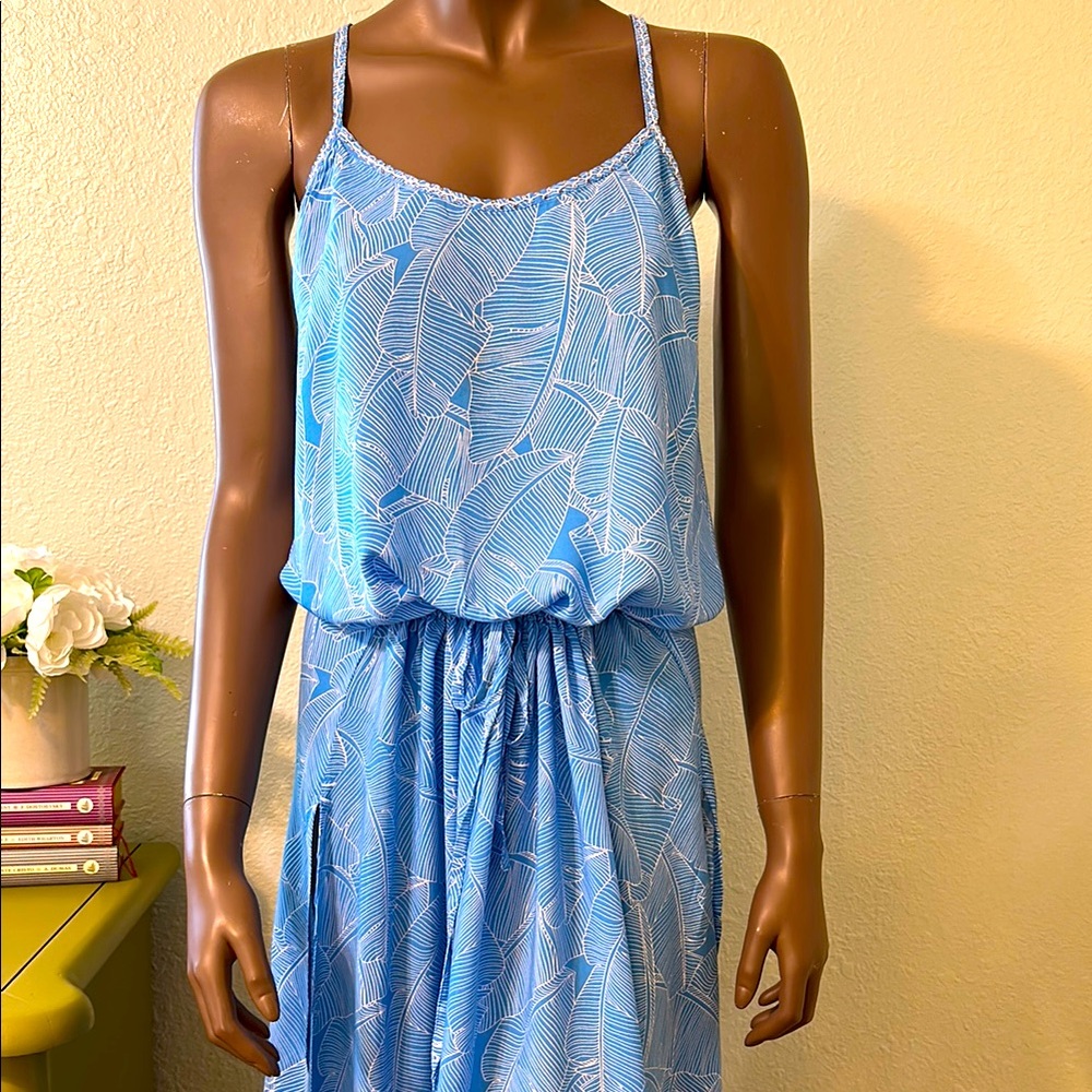 Blue Leaf Print Spaghetti Strap Dress High Slits